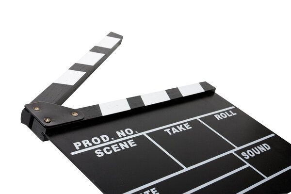 Movie clapperboard shot on a white background