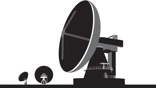 Große Satelliten-Kommunikationsschüsseln Illustration in schwarz — Stockvektor