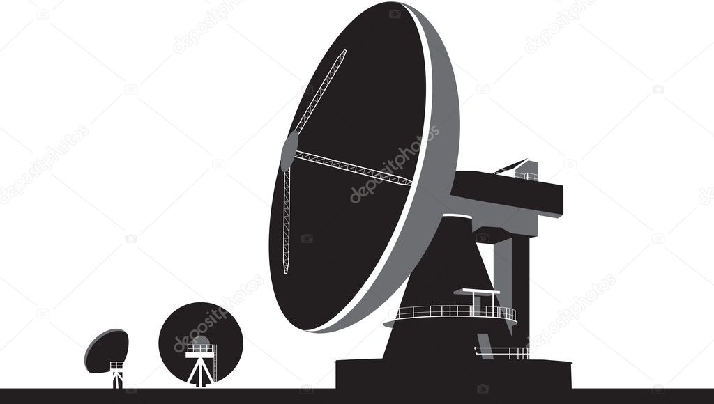 Big satellite communication dishes illustration in black