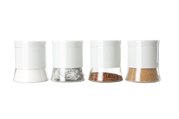 Thee, koffie en suiker in individuele potten — Stockfoto