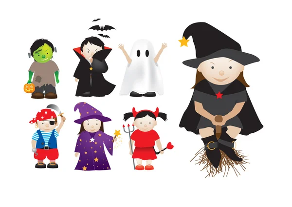 Niños disfrazados con disfraces para fiestas y halloween — Vector de stock