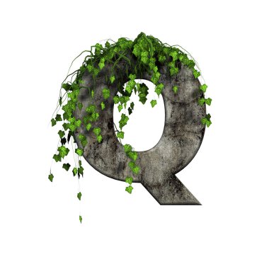 Green ivy on 3d stone letter - q clipart