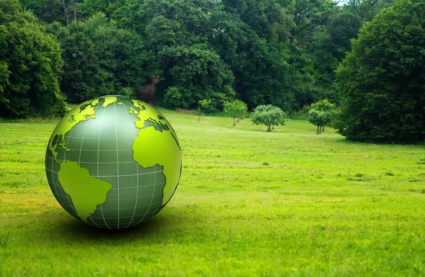 3d globo brilhante em uma pradaria verde — Fotografia de Stock