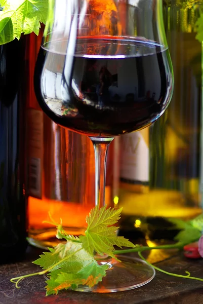 Flasche Rotwein mit Glas und Blättern. — Stockfoto