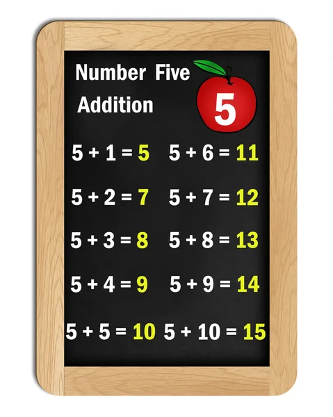 Numer pięć oprócz tabel na tablicy — Zdjęcie stockowe