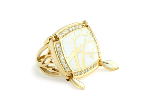 Gouden ring met glazuur en diamanten — Stockfoto