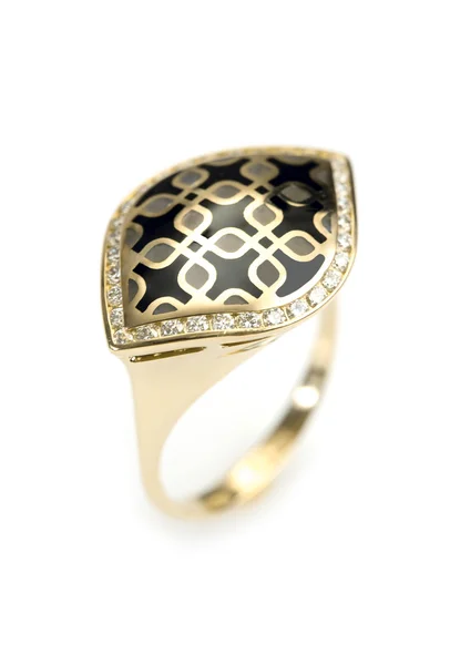 Gouden ring met glazuur en diamanten — Stockfoto