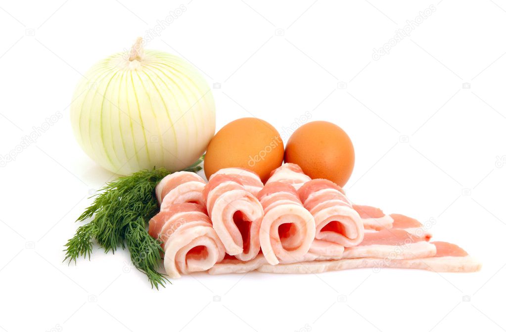 Raw bacon, eggs and onion