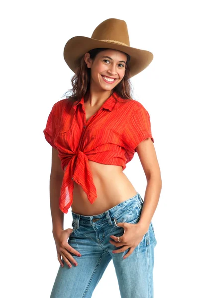 Glückliches Cowgirl mit einem breiten Lächeln — Stockfoto