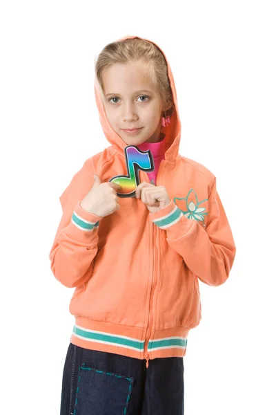Retrato de uma jovem com sinal de nota nas mãos — Fotografia de Stock