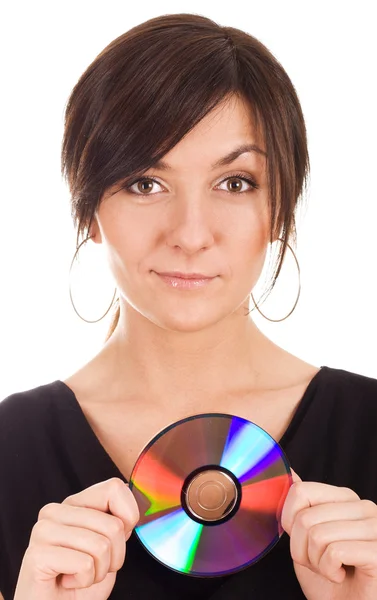 Молодая женщина держит аудио диск — стоковое фото