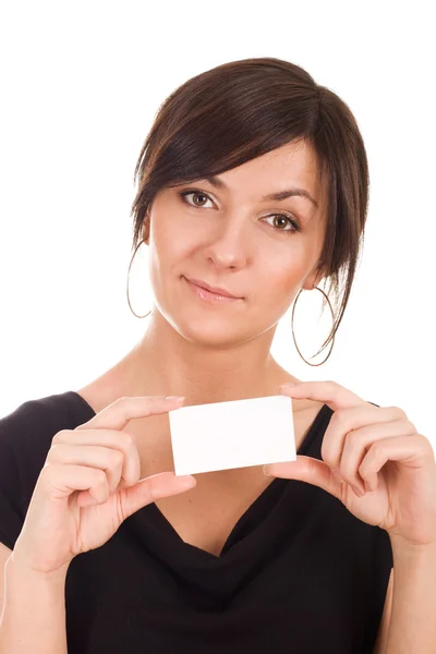 Beautiful young woman holding business card — Stock Photo, Image