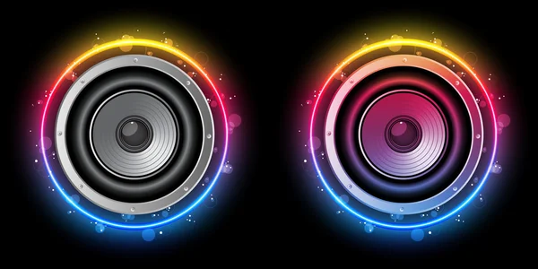Disco luidspreker met neon regenboog cirkel — Stockvector