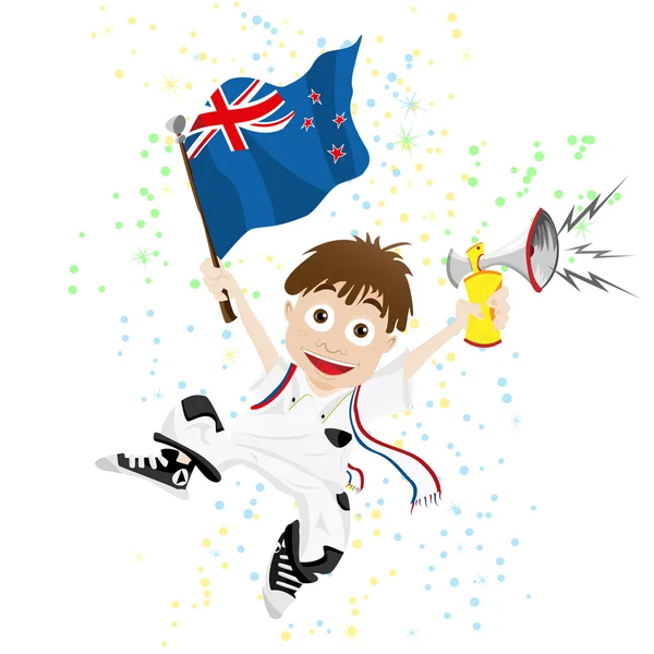 Ventilador de esporte da Nova Zelândia com bandeira e chifre —  Vetores de Stock