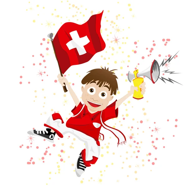 Вентилятор спорта Швейцарии с флагом и валторной — стоковый вектор