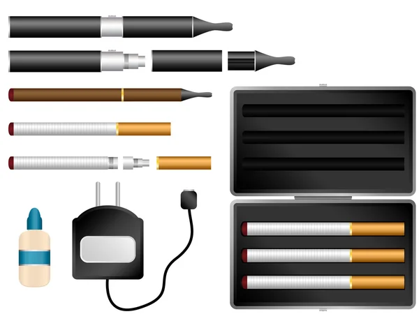 Elektronisk cigarett kit med vätska, laddare och fall — Stock vektor