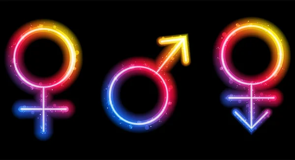 男性、女性、トランスジェンダーの性別シンボル レーザー ネオン — ストックベクタ