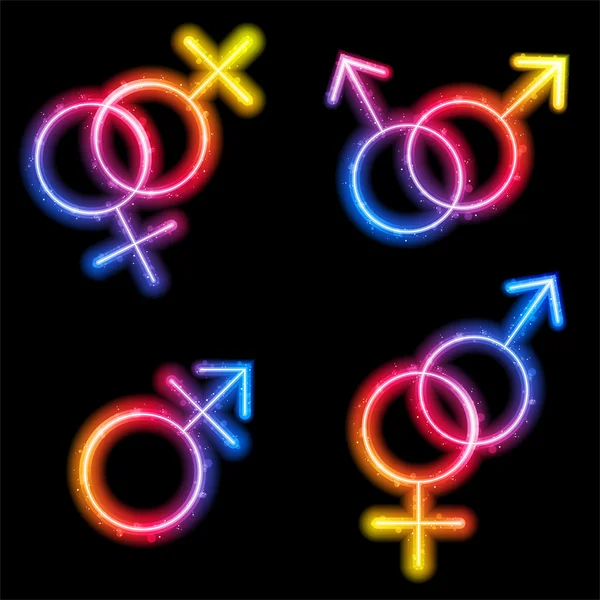 Símbolos de género masculino, femenino y transgénero Neón láser — Vector de stock