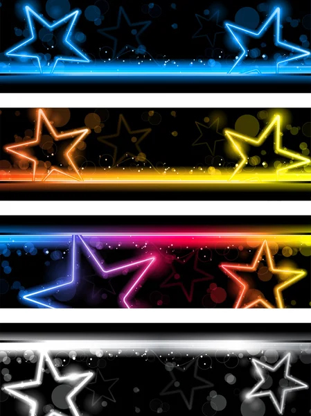 Leuchtende Neonsterne Banner Hintergrund Set von vier — Stockvektor