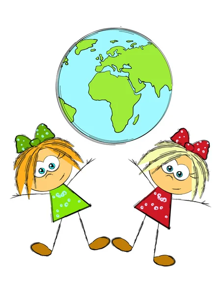 两个女孩和地球δύο κορίτσια στη γη — 图库矢量图片