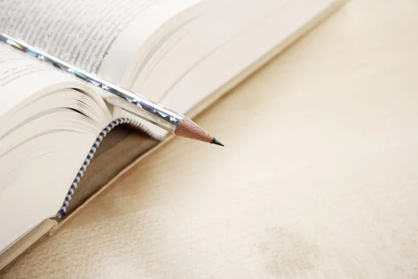 Livro aberto e uma caneta — Fotografia de Stock