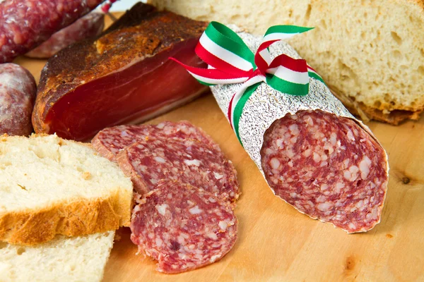 Salami with bread — Stock Photo, Image