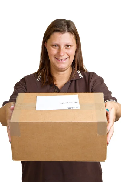 Dodávka womanwith velký balík — Stock fotografie
