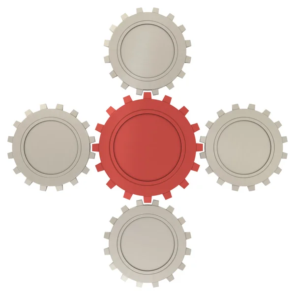 Jedna červená a čtyři stříbrné gears — Stock fotografie