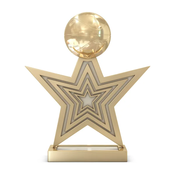 Trofeo de baloncesto dorado con base rectangular, estrellas y pelota —  Fotos de Stock