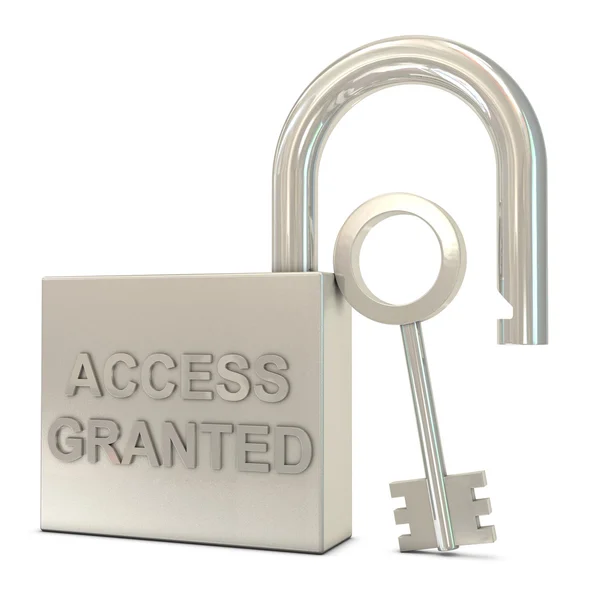 Cadeado aberto, chave e acesso concedido texto — Fotografia de Stock