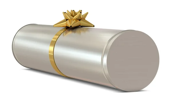 Silver cylindrical gift box with golden flower — Stock Photo, Image