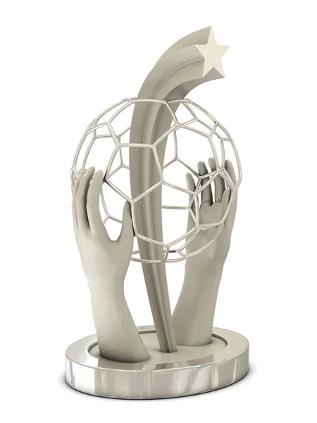Srebrny piłkarskie trofeum z rąk i modelu szkieletowego piłka — Zdjęcie stockowe