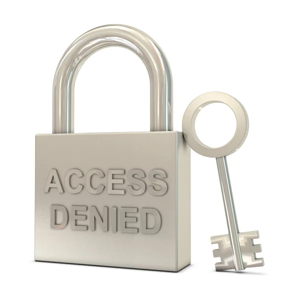 Cadeado fechado, chave e acesso negado texto — Fotografia de Stock