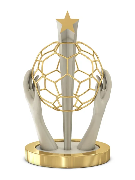 Gyllene fotboll trophy med händer och wireframe bollen — Stockfoto