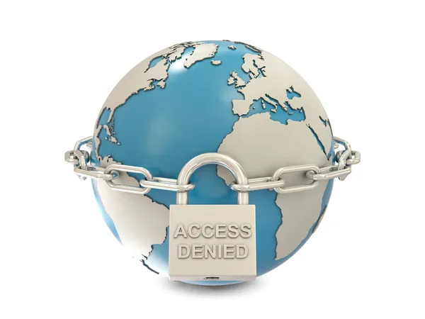 Earth, chain and closed padlock with access denied text — Stock Photo, Image
