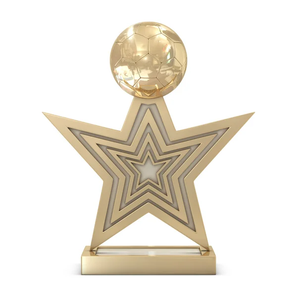 Złoty piłkarskie trofeum z podstawy prostokąta, gwiazdy i piłka — Zdjęcie stockowe
