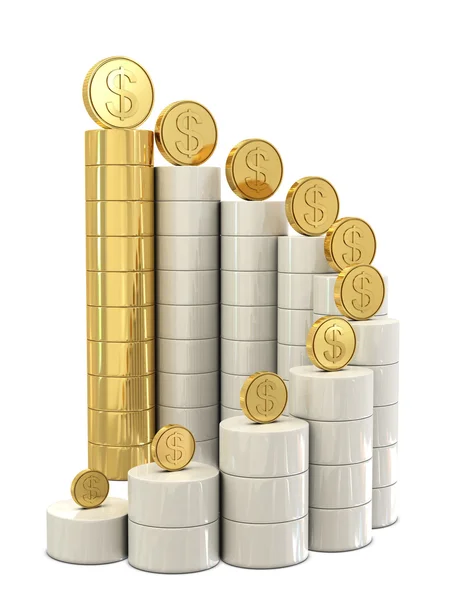 Escadas em espiral e moedas de dólar dourado — Fotografia de Stock
