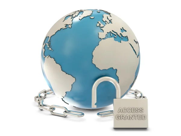 Earth, chain and opened padlock with access granted text — Stock Photo, Image