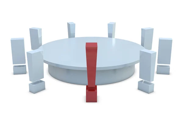 Круглий стіл з червоними і групою білих позначок оклику — стокове фото