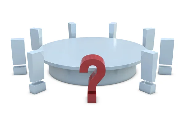 Круглый стол с красным вопросом и группой белых восклицательных знаков — стоковое фото