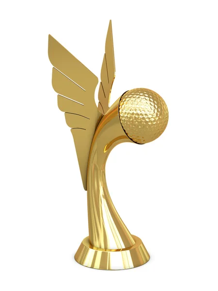 Golden award trophy with wings and golf ball — Stock Photo, Image