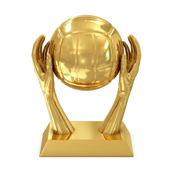 Gouden award trofee met handen en volleybal — Stockfoto