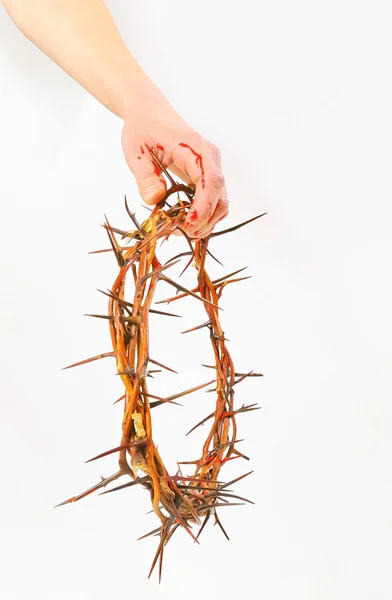Coroa de espinhos e mãos isoladas — Fotografia de Stock