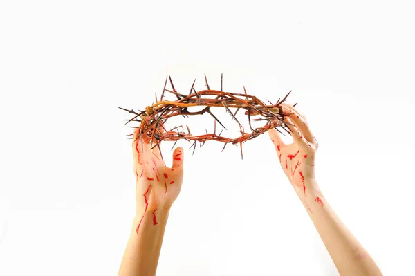 Crown of thorns and hands isolated — Stock Photo, Image