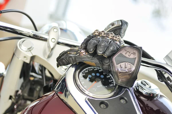 Motorcycle gloves with carbon on bike — Stock Photo, Image