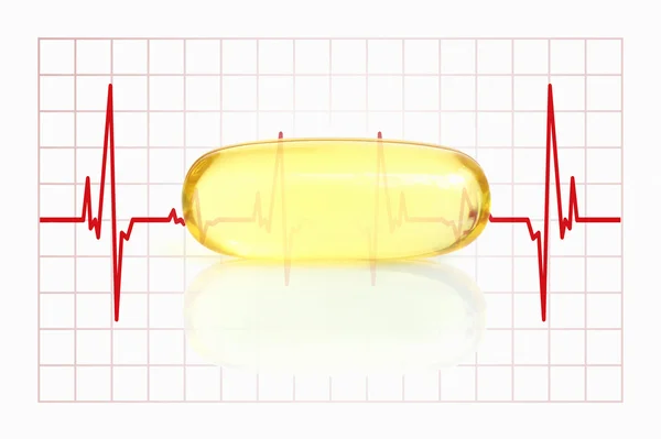 Yellow fish oil capsule and electrocardiogram — Stock Photo, Image