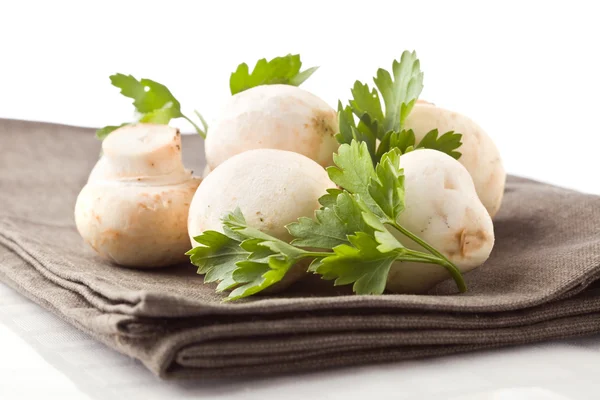 Cogumelos em guardanapo com salsa — Fotografia de Stock
