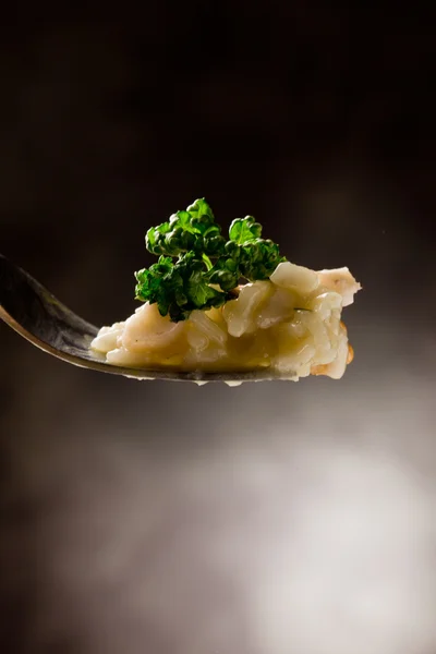Çatal risotto ile deniz ürünleri ile — Stok fotoğraf