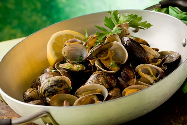 stock image Pan with fresh Clams