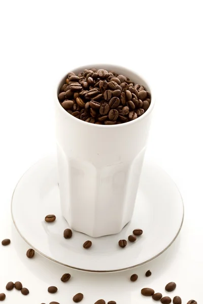 Feijões de café dentro de um copo branco em fundo isolado branco — Fotografia de Stock